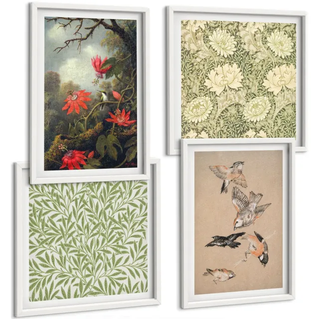Coloray 4-Delige Schilderij Set - Bloemen En Vogels In Een Natuurlijke Omgeving - 40 x 40 En 40 x 60 - Moderne Wanddecoratie - Woonkamer Witte lijst