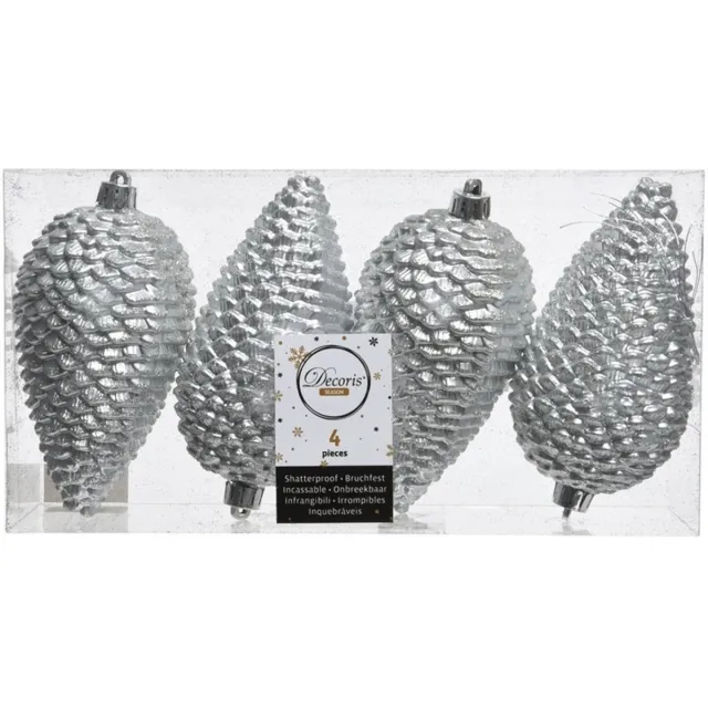 Decoris Season Decorations Decoris Kerstballen - dennenappels - 4x - zilver - 12 cm - Glitter - Onbreekbare plastic kerstballen - Kerstboomversiering zilver