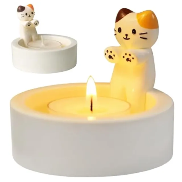 Karma Theelichthouder Kat met Verwarmende Pootjes - Handgemaakt Hars Cadeau voor Kattenliefhebbers - Woonkamer Slaapkamer Decoratie Zwart