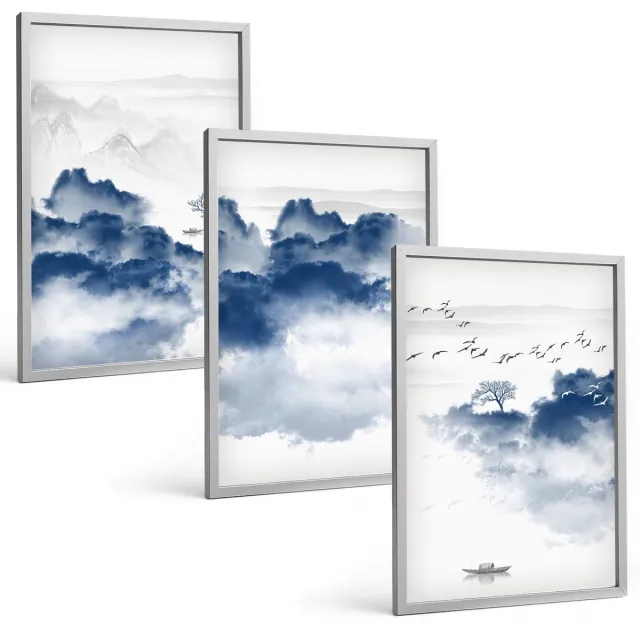 TULUP 4-Delige Schilderij Set - Wolkengebergte met bomen en vogels op de achtergrond - 40 x 60 cm - Schilderijen Set - Wanddecoratie - Woonkamer - Decoratieve Schilderijen Zilveren lijst