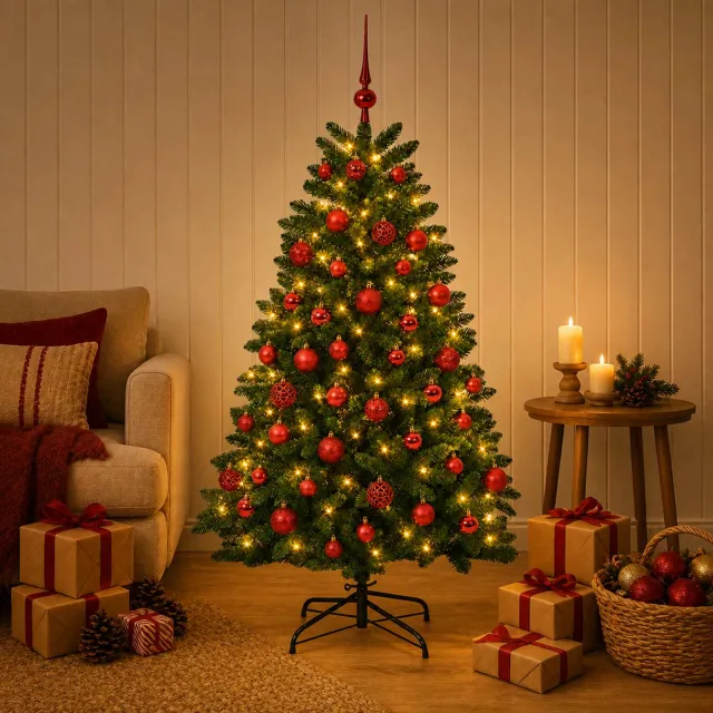 vidaXL Kunstkerstboom middengroen met kerstbal 150 cm 150 LED's