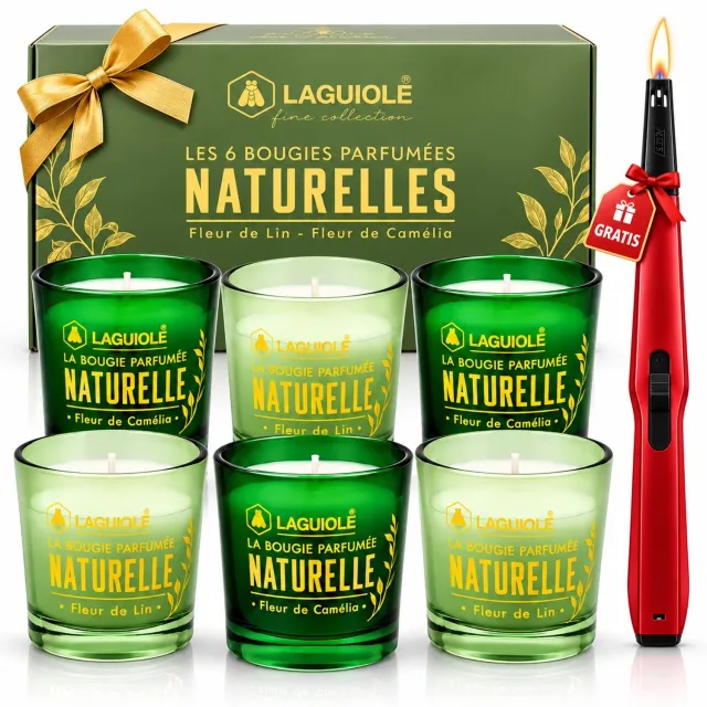 Laguiole Geurkaarsen Giftset - 6 x 30g Kaarsen - Geurkaarsen in Glas - Cadeauset met Gratis Aansteker - Kameliabloem en Vlasbloem Kamelia-Vlas