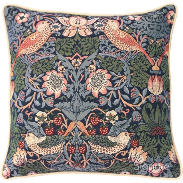 Signare Kussenhoes - Gobelinstof - Strawberry Thief Blue - Blauw - Aardbeien en Vogels - 45 cm