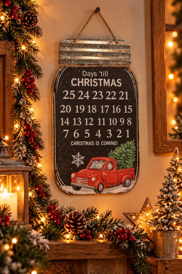 Countryfield kerst - kerstkalender - adventskalender - auto - 40 x 24 cm -metaal & hout - met krijtje Zwart