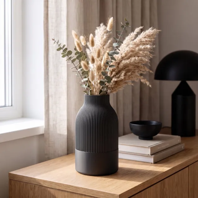 AUREA - Maison AUREA Japandi Vaas Zwart – Geribbelde Bloemenvaas voor Droogbloemen – Mat Zwart Design – 17,5 cm