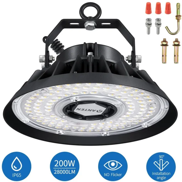 ANTENLICHT UFO LED Industrie Lamp 200W - 34000 LM - 5000K Koud Wit - IP65 - Gegoten Aluminium met 90° Lens - Inclusief Ophanghaak Zwart