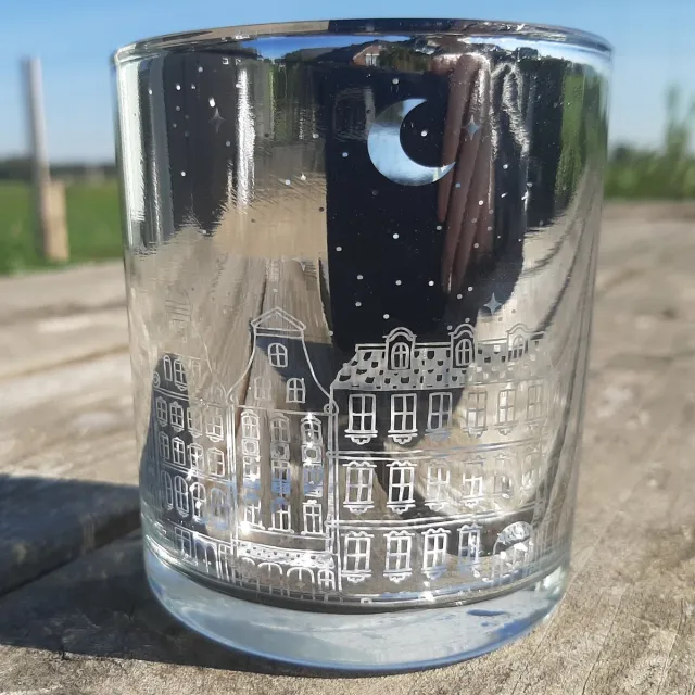 G. Wurm Glazen waxinelichthouder zilver, decor van dorpshuisjes, sterren en maan
