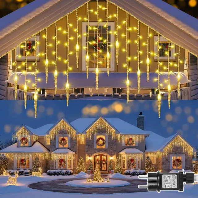 Rosnek 16 IJspegels Lichtgordijn Buiten - IP44 Laagspanning 96LEDs IJs Hanglamp - 8 Standen Lichtsnoer Camping, Timer, Koppelbaar Lichtsnoer Buiten en Binnen voor Slaapkamer, Camping - Warm wit licht