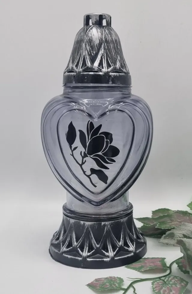 Herdenkingslichtjes.nl Herdenkingslicht - P39 - Zilver - Grijs glas - Magnolia - Grafkaars – Graflicht – Graflantaarn Zilver/Grijs