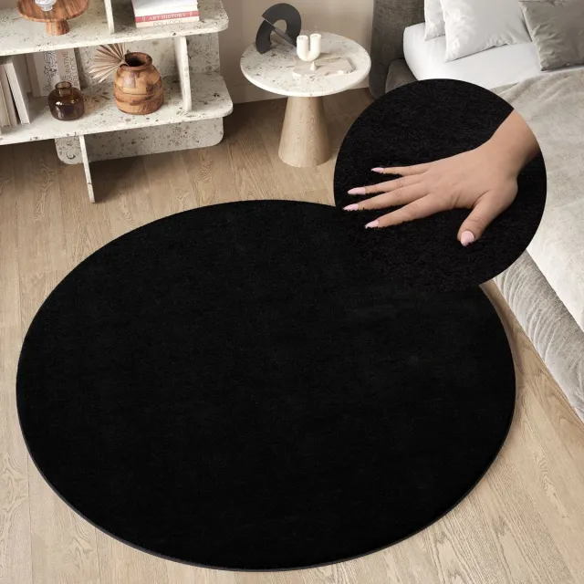 Tapiso Cuddle Rond Vloerkleed Zwart Hoogpolig Shaggy Tapijt