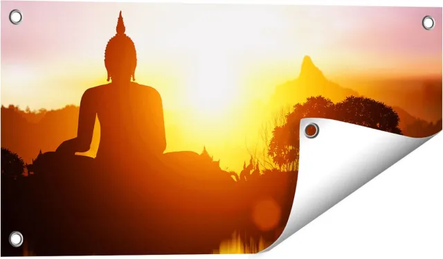 Gards Tuinposter Silhouet van Boeddha Beeld met Zonsondergang - 60x30 cm - Tuindoek - Tuindecoratie - Wanddecoratie buiten - Tuinschilderij Multikleur