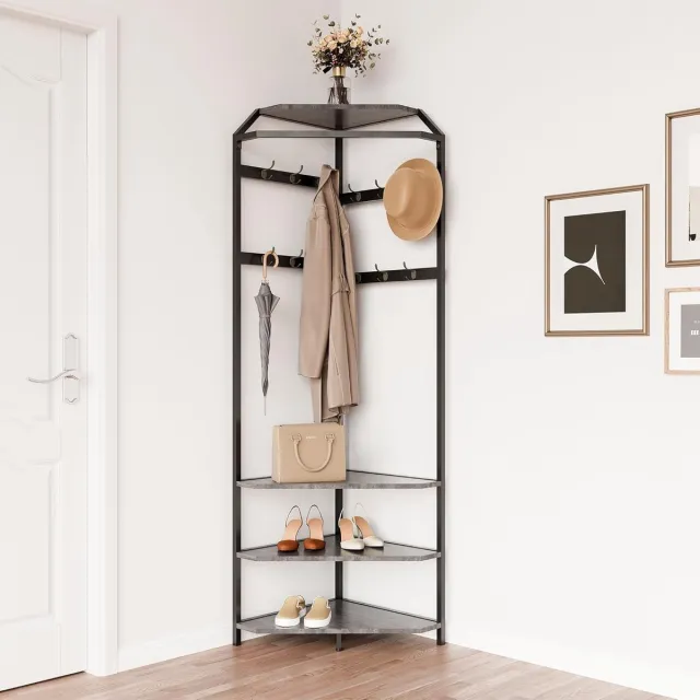HOERFURIY Metalen hoekkapstok 3-in-1 - Open kapstok met 6 dubbele haken, schoenenrek & opbergplank, industrieel design, ruimtebesparend voor hal, woonkamer & slaapkamer, grijs ,50x50x180CM
