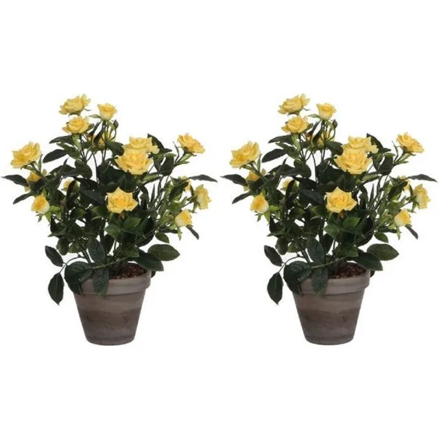 Mica Decorations Kunstplant - 2x - rozen - geel - grijze pot - 33 cm - kunst roos