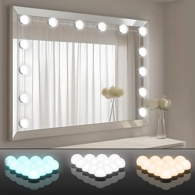 GelldG 14 Stuks Spiegelverlichting - Hollywood Stijl Make-up Lampen - 3 Kleurtemperaturen en 10 Helderheidsniveaus - Zelfklevend - Geschikt voor Badkamer en Kaptafel - ABS Materiaal - Ø4.5cm 12W 5V Zwart