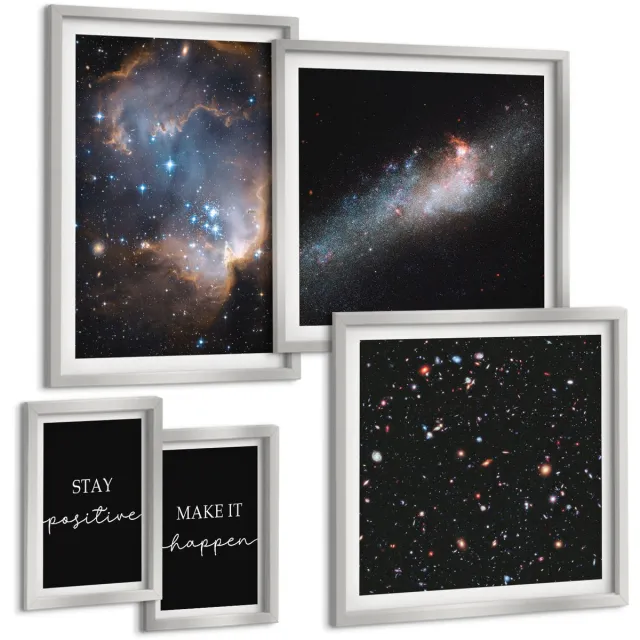 TULUP 4-Delige Schilderij Set - Kosmische inspiratie, positieve boodschappen en motivatie - 50 x 50 cm, 20 x 30 cm en 40 x 60 cm - Muurdecoratie - Decoratieve Schilderijen - Wohnzimmer - Woonkamer Decoratie Zilveren lijst