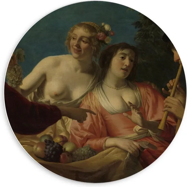 KuijsFotoprint Schilderij - Oude Meesters Fluitspelende Herder Herderinne. Gerard V Honthorst - Blauw, Bruin En Roze - 60 X 60 Cm