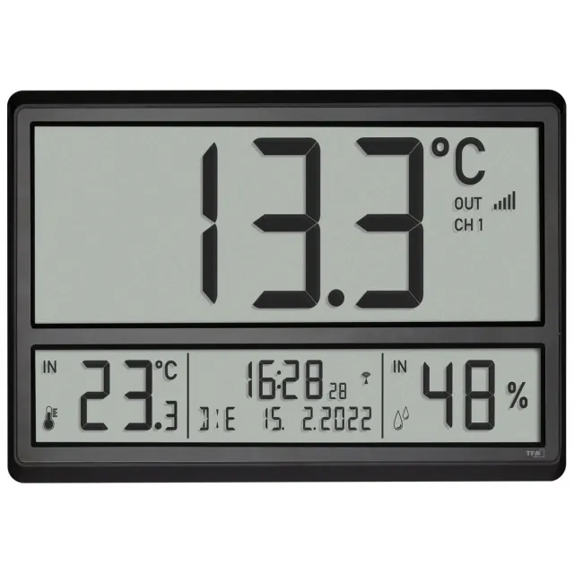 TFA Dostmann 60.4523.01 - Klok - Digitaal - XL - Zendergestuurd - Buitentemperatuur - Luchtvochtigheid - Alarm - Snooze - Zwart - Grijs