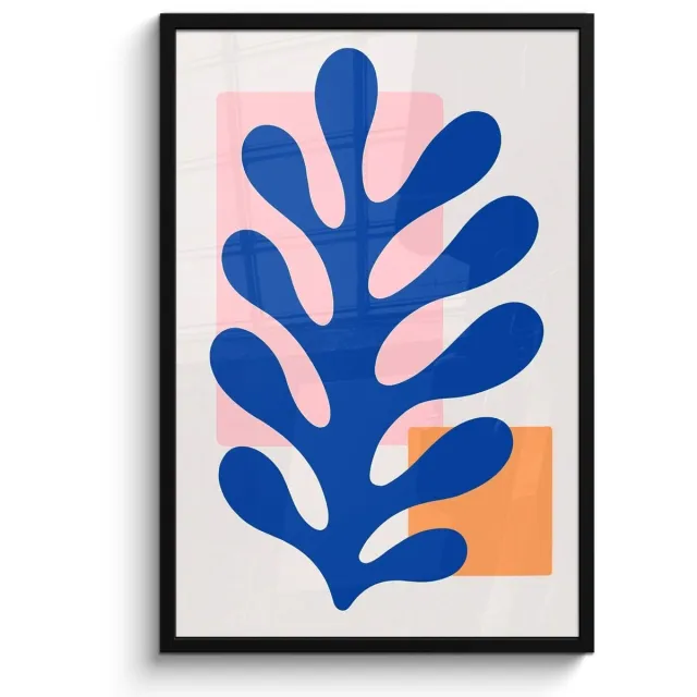 FrameYourWall Poster in lijst - Fotolijst 60x90 cm - Posters - Abstract - Blad - Blauw - Rechthoeken - Posterlijst zwart - Decoratie - Wanddecoratie woonkamer - Muurdecoratie slaapkamer