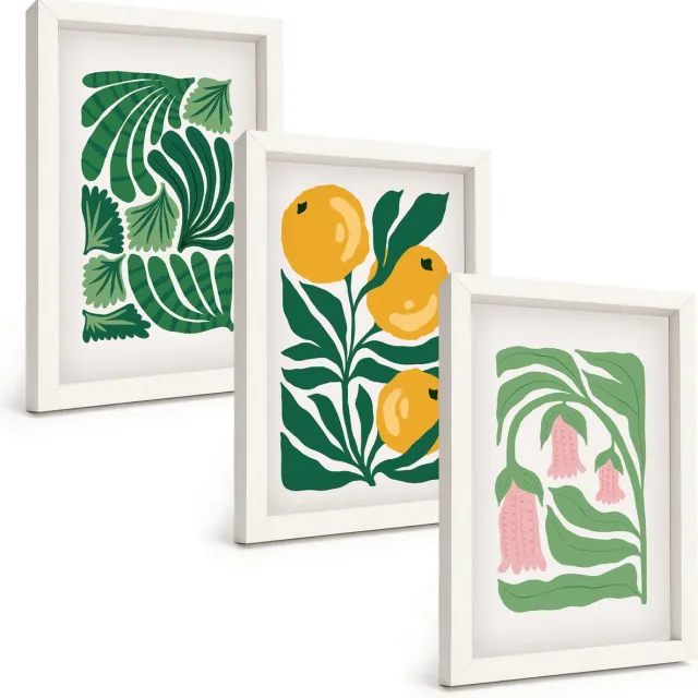 TULUP 3-Delige Schilderij Set - Minimalistische plantpatronen met vruchten en bladeren - 20x30 - Muurdecoratie - Wanddecoratie - Slaapkamer Witte lijst
