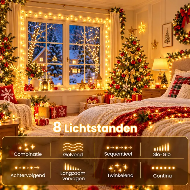 LAPAMAX Kerst Lichtsnoer Buiten IP44-Fairy Lights-LED Kerstverlichting Buiten-Lichtslinger met 8 Lichtstanden&Geheugen-Timer 6U/18U-Veilige 31V Laagspanning&Energiezuinig voor Kerstboom,Tuin&Balkon-100 LED-10m-Warm Wit-1 Stuk