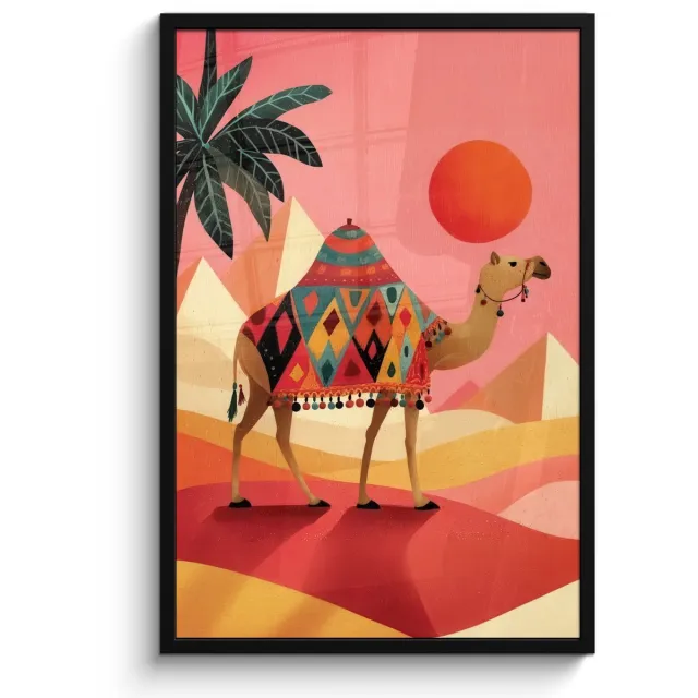 FrameYourWall Poster in lijst - Fotolijst 60x90 cm - Posters - Kameel - Pyramides - Rode zon - Posterlijst zwart - Decoratie - Wanddecoratie woonkamer - Muurdecoratie slaapkamer Kameel - Pyramides - Zon