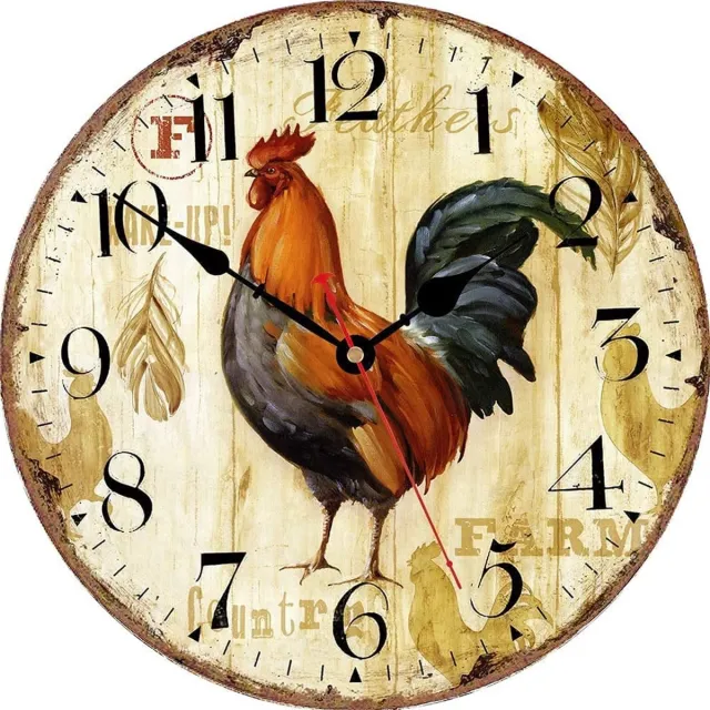 VIKMARI 20 cm houten wandklok, grote vintage haan, stille, niet-tikkende wandklok, kwarts, op batterijen, Arabische cijfers, keukenklok voor keuken, woonkamer, slaapkamer