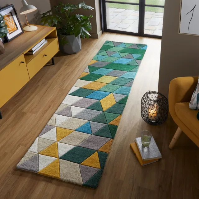 flycarpets Loper Prism Modern Laagpolig - 100% Wol - Driehoek Vloerkleed - Groen / Multi