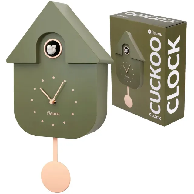 Fisura Koekoeksklok Modern Cuckoo ABS - Olijf Groen - 41,5x8x21,5cm - Scandinavisch + Batterijen Olijfgroen