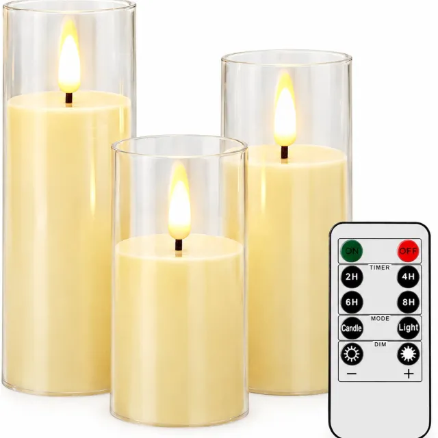 SWGOTA led kaarsen, set van 3 met afstandsbediening, ivoorkleurig, 5,5 x 10/12,5/15 cm, warm licht en transparante cilindervormige kap