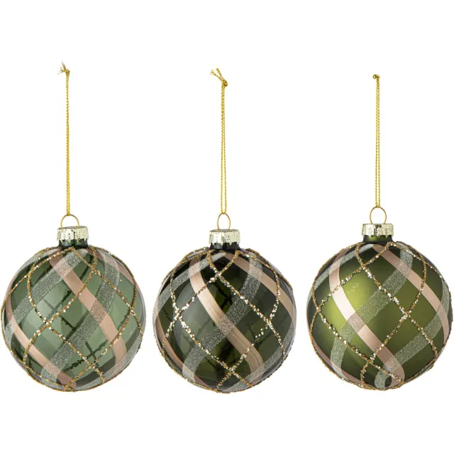J-Line Kerstbal met ruitmotief - glas - groen/goud - small - assortiment van 3