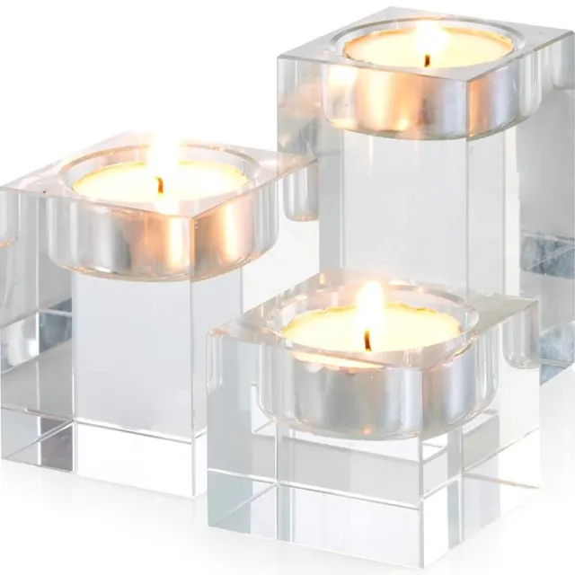Famanu Kristallen kandelaar set van 3 stuks, hoogwaardige glazen kaarsenhouders voor romantische diners, vierkant design Transparant