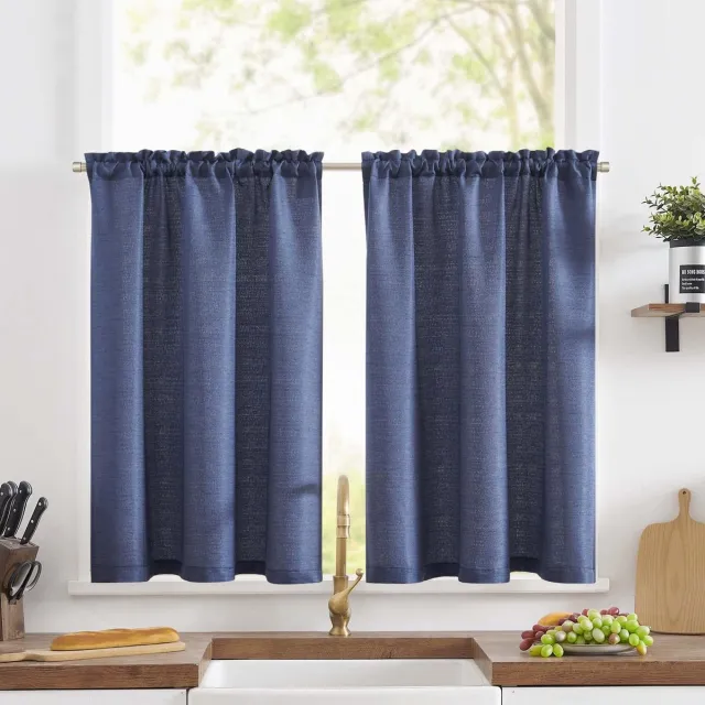 Ibenzoa Keuken Gordijnen Set - Linnenlook, Blauw, 90x60cm (2 Stuks)