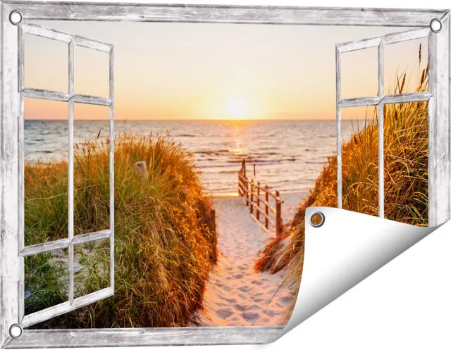 Gards Tuinposter Doorkijk Voetpad in de Duinen met Zonsondergang - 60x40 cm - Tuindoek - Tuindecoratie - Wanddecoratie buiten - Tuinschilderij Grijs