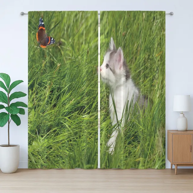 ABAKUHAUS Natuurlijk rustiek gordijn, kat en vlinder, met lussen en haken voor de woonkamer, 280 x 245 cm, groen wit grijs