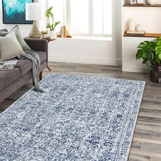 Triumpunpre Oosters Vintage Vloerkleed - Wasbaar Antislip Kortpolig Bloemmotief - Blauw - 120x170 cm