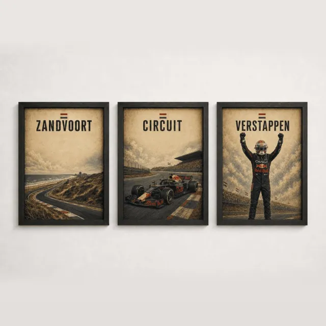 Joshimo Max Verstappen Poster Drieluik | Zandvoort Formule 1 Posterset | 3x A4 Inclusief Zwarte Lijsten | F1 Wanddecoratie