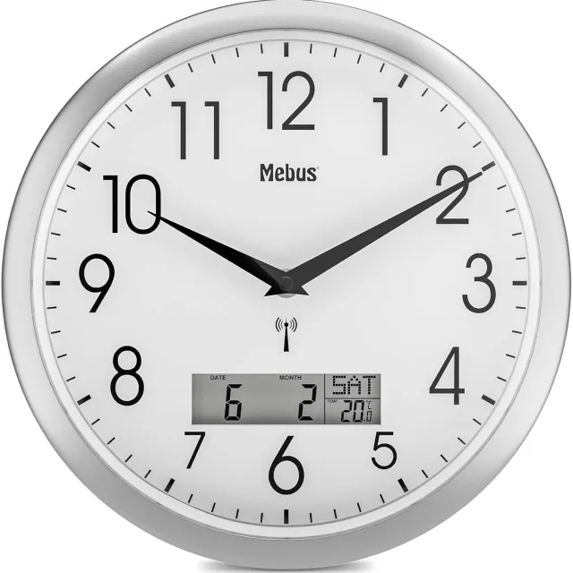 Mebus Wandklok 29cm Draadloos LCD Datum Temperatuur Wit