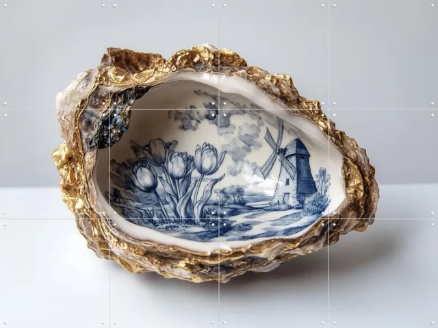 IXXI Delfts Blauwe Oester 2, Margriet Hulsker - 80 x 60 cm - Grote wanddecoratie en posters - Naturalisme, Klassiek, Keuken, Eetkamer, Woonkamer