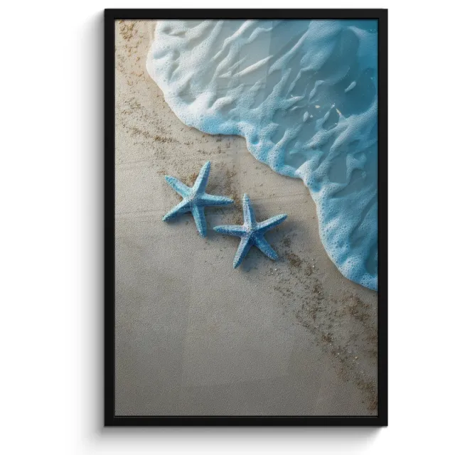 FrameYourWall Poster in lijst - Fotolijst 60x90 cm - Posters - Zeesterren - Zand - Zee - Blauw - Posterlijst zwart - Decoratie - Wanddecoratie woonkamer - Muurdecoratie slaapkamer
