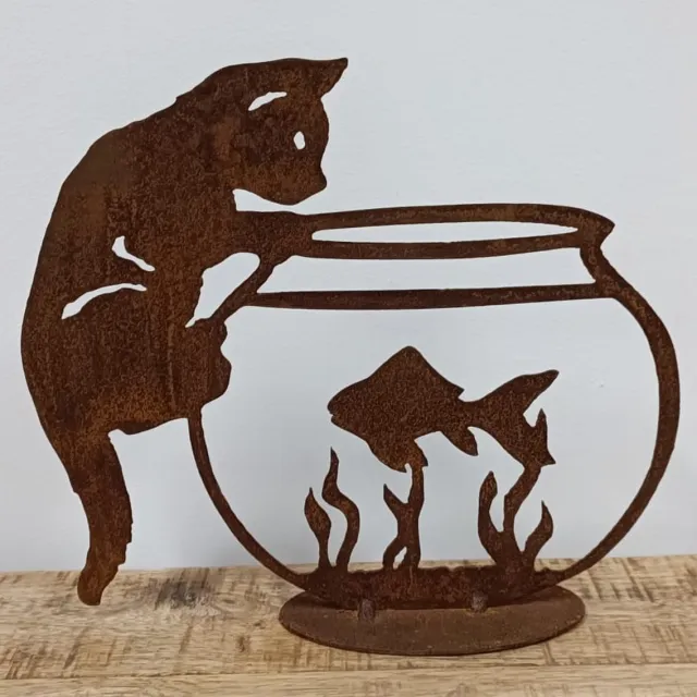 Dream-Garden Tuinbeeld Kat Pip bij vissenkom -H21 x B24cm Roest Bruin