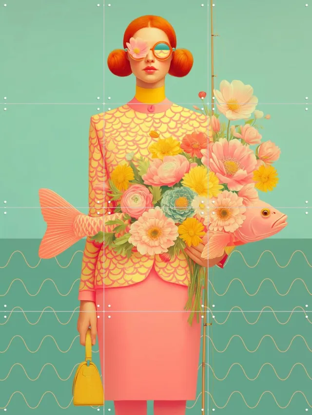IXXI Fishing season, Mirjam Duizendstra - 60 x 80 cm - Grote wanddecoratie en posters Woonkamer, Bloemen, Portretten Roze / Groen
