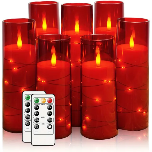 J.T.R Led kaarsen-Ledkaarsen met afstandsbediening-7 delige LED Vlamloze Kaarsen Sterrenslinger met Timer-Acryl LED Pilaarkaarsen met Flikkerend Effect-(ROOD).