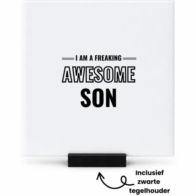 Hacebo I am a freaking awesome son tegeltje met tegelhouder - de meest geweldigste zoon - tegeltjes met tekst - verjaardagscadeau - verjaardag - cadeau - cadeautje voor zoon - zoon artikelen - kado - geschenk - spreuktegels - 10.8x10.8 CM Wit