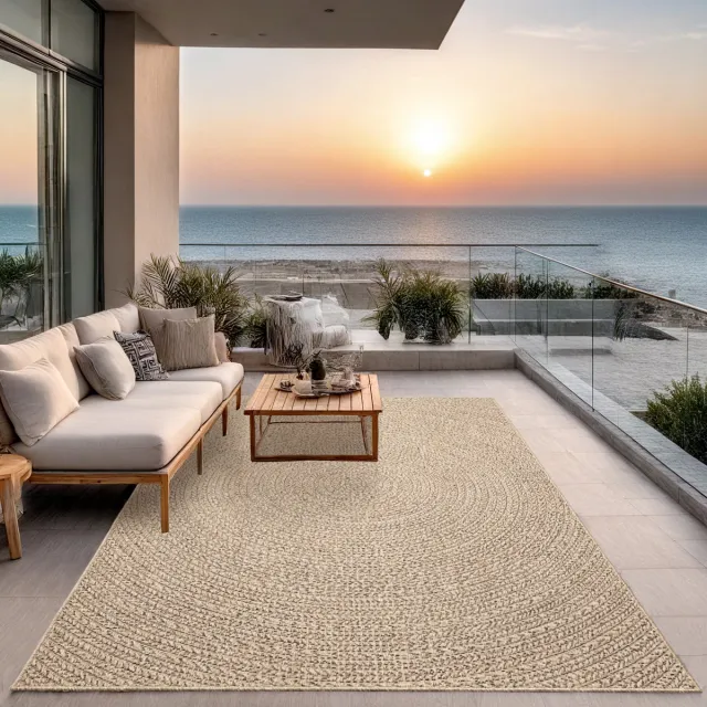 the carpet Kansas – robuust in- & outdoor vloerkleed met natuurlijk cirkelpatroon, weatherproof & UV-bestendig, naturel cirkel 140 x 200 cm