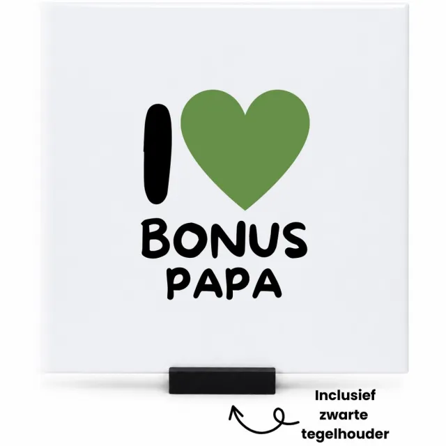 Hacebo I love bonus papa met groen hart tegeltje met tegelhouder - Papa - Liefste bonuspapa - tegeltjes met tekst - Vaderdag cadeautje - Cadeau voor papa - Verjaardag - Geschenk - Cadeau - Gift - spreuktegels - 15x15 CM Wit