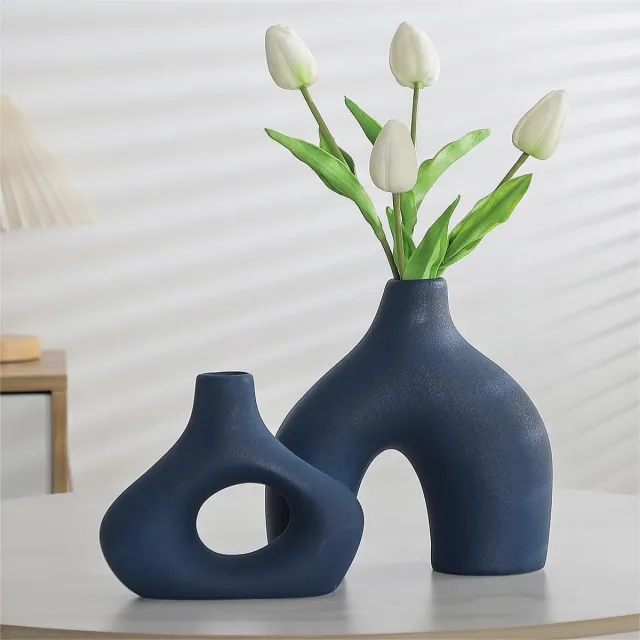 Famanu Blauwe keramische vaas - set van 2 voor moderne wooncultuur - ronde mat - donut - vazen voor pampasgras - neutrale boho - Scandinavische minimalistische stijl - bloemenvazen voor woonkamer - bruiloft