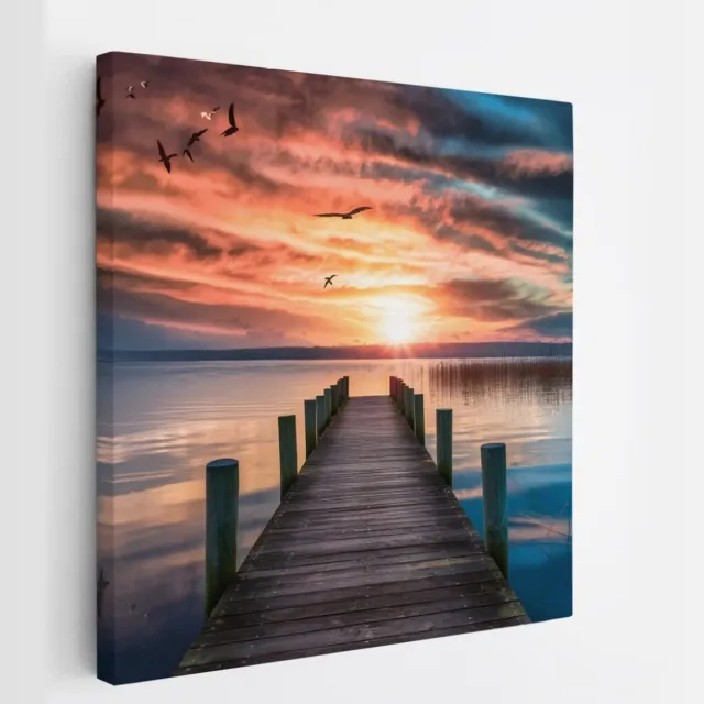 Saammp Canvas Schilderij - Steiger met vogels - Landschap - Natuur - 60x60 - Foto op canvas - Wanddecoratie - Muurdecoratie Woonkamer - Slaapkamer decoratie - Canvas Print Multicolor