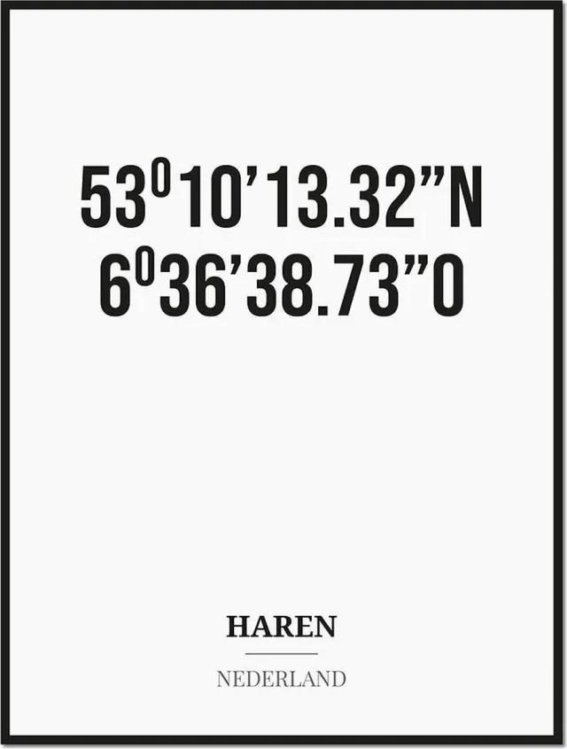Studio216 Poster/kaart HAREN met coördinaten zwart, wit