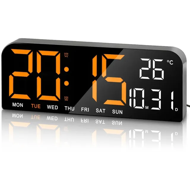 Bobypet Wekker - 24 cm digitale wandklok - Met temperatuur en vochtigheidsweergave - Aftel-/optelfunctie - Twee alarmen - 4 helderheidsniveaus- werkt op netstroom - voor kantoor, klaslokaal, sportschool en thuis - Oranje