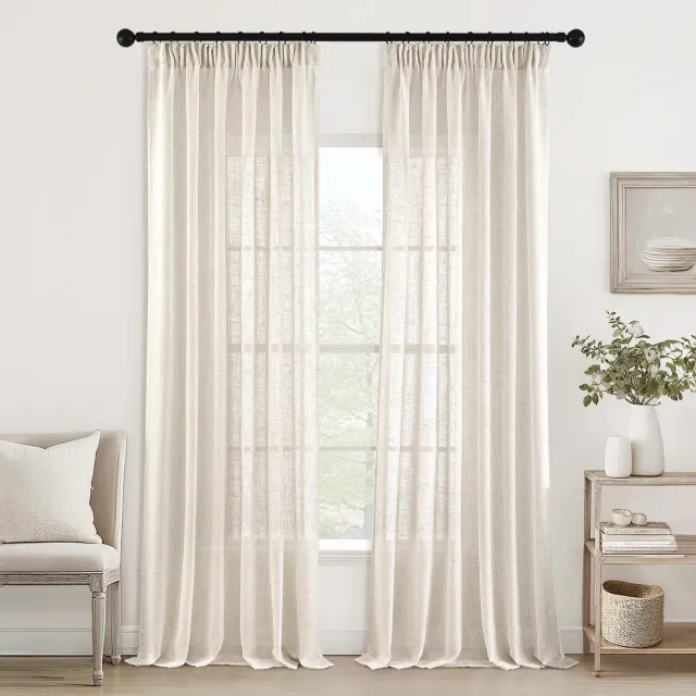 Ibenzoa Voile Gordijnen met Plooiband, Linnenlook, 122x140cm - Set van 2 Wit